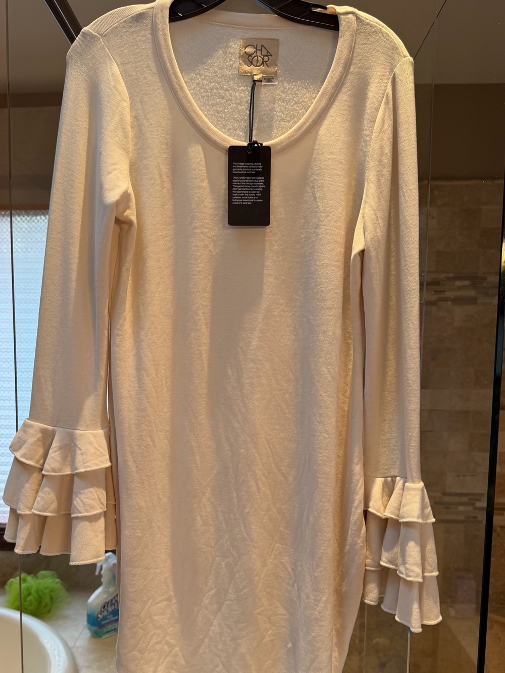 Chaser Cream Ruffle Cuff Long-Sleeve Knit Dress